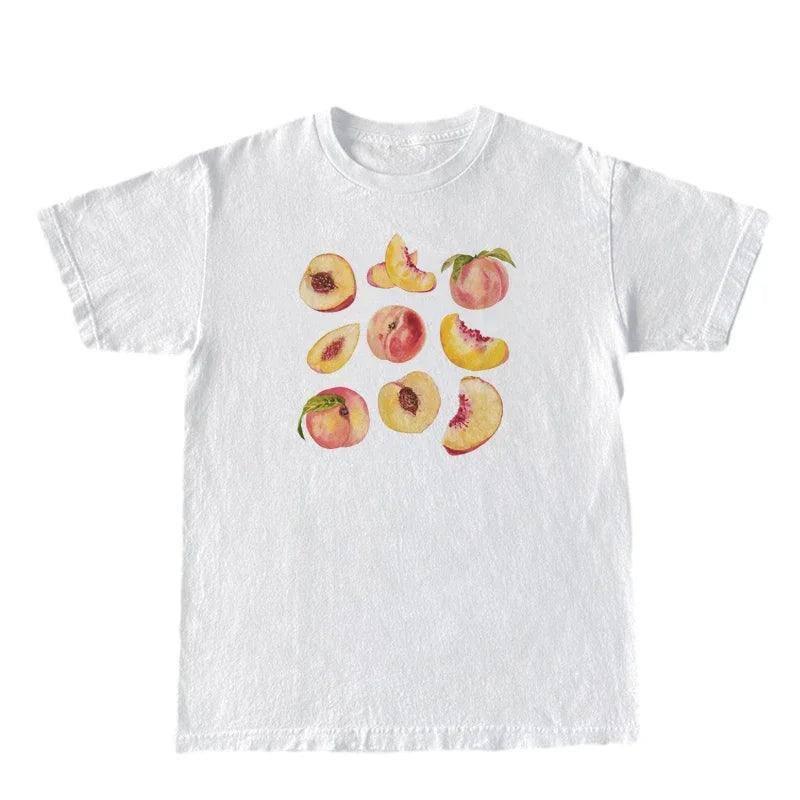 Vintage Peaches Printed Graphic Tees Women Cute Cottagecore-WHITE-2