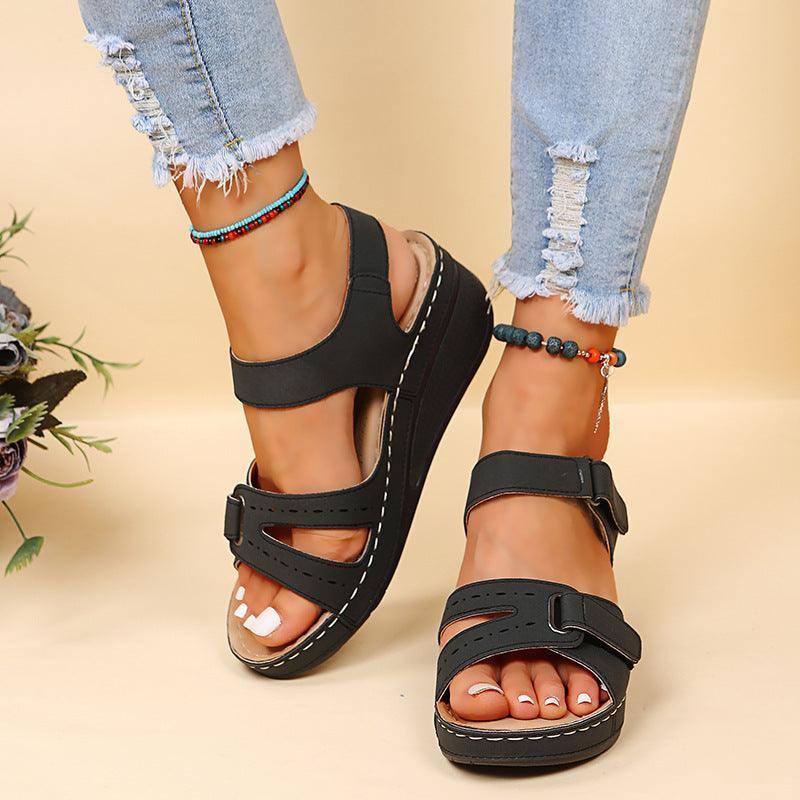 Wedge Sandals Summer Velcro Platform Shoes Women-Black-2