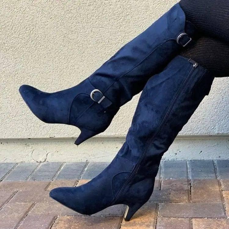 Western Boots Winter Shoes Wide Calf Long Boots For Women-Navy-4