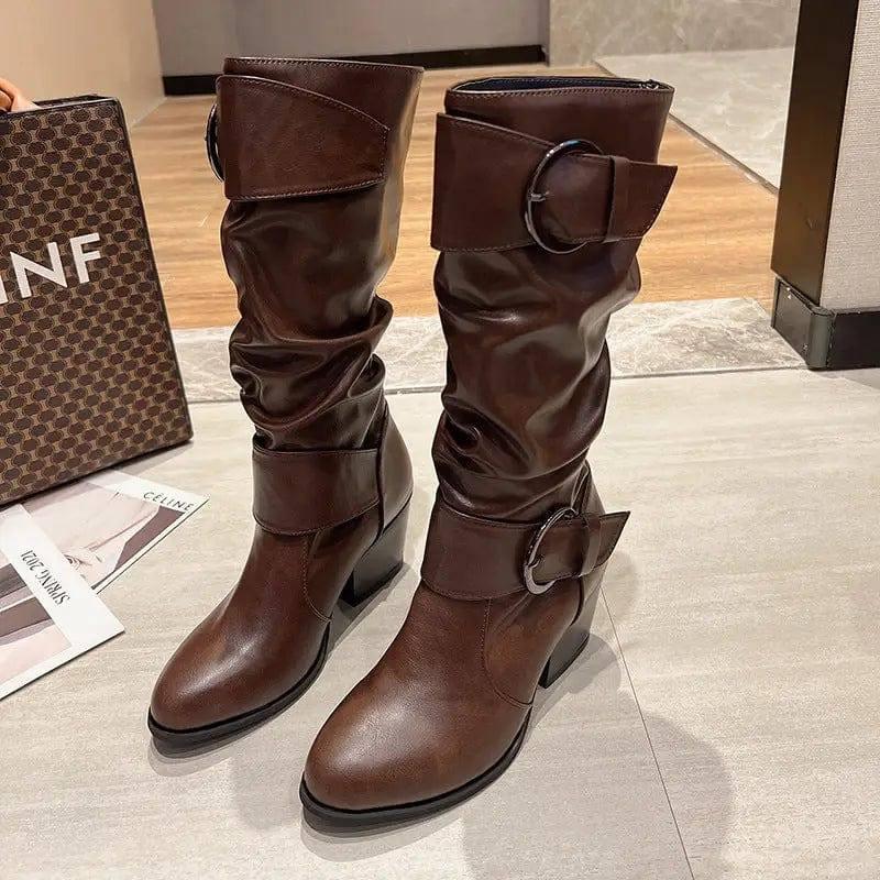 Western Cowboy Boots Women Buckle Chunky Mid Heel Shoes-Dark brown-6