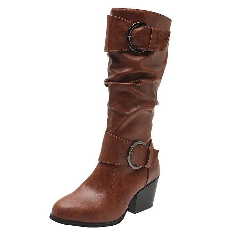 Western Cowboy Boots Women Buckle Chunky Mid Heel Shoes-7
