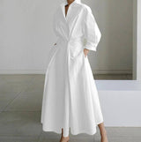 White Dot Print Maxi Dress - Elegant Long Sleeve Autumn-WHITE-11