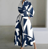 White Dot Print Maxi Dress - Elegant Long Sleeve Autumn-Navy Blue-12