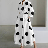 White Dot Print Maxi Dress - Elegant Long Sleeve Autumn-Dot-white-13
