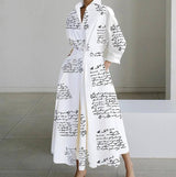 White Dot Print Maxi Dress - Elegant Long Sleeve Autumn-Letter-7