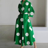 White Dot Print Maxi Dress - Elegant Long Sleeve Autumn-Dot-green-9
