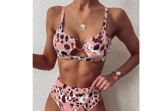 Wild & Chic: Leopard Print Split Swimsuit for Women-PinkLeopard-9
