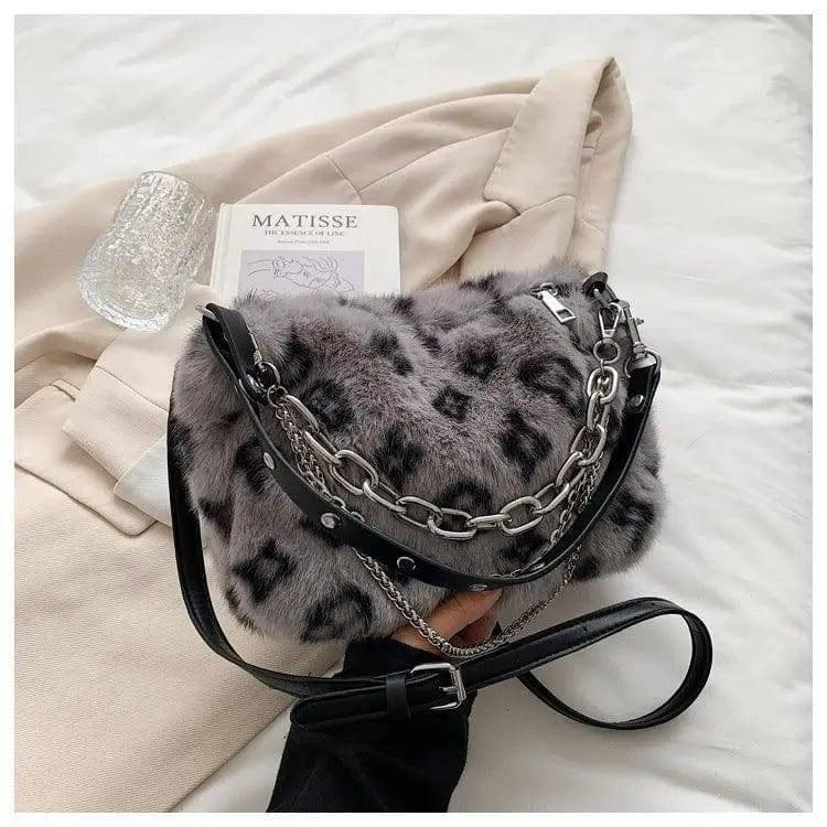 Winter Plush Bags Chain Shoulder Bag Women Flowers Print-Grey-3