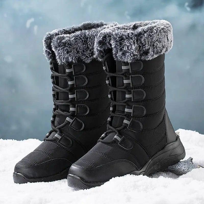 Winter Snow Boots Lace-up Platform Boots Fuzzy Shoes Women-Black-1
