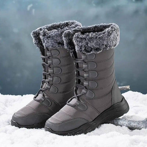 Winter Snow Boots Lace-up Platform Boots Fuzzy Shoes Women-Grey-6