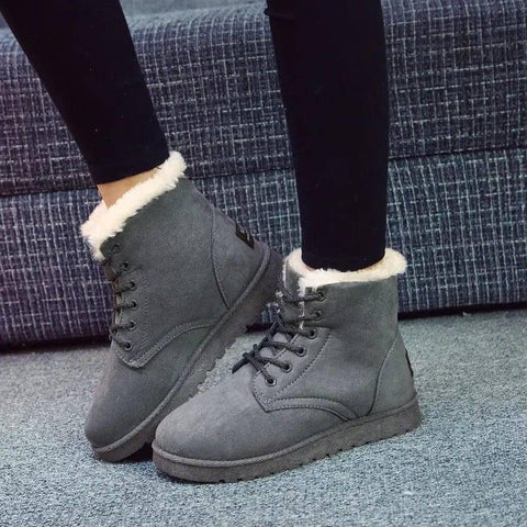 Winter Snow Boots Lace Up Platform Shoes Women Plush Suede-Grey-6