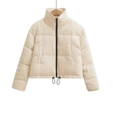Winter Stand Collar Zipper Drawstring Cotton Coat-Beige-6