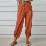 Women Drawstring Tie Pants Spring Summer Cotton And Linen-Brick Red-2
