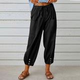 Women Drawstring Tie Pants Spring Summer Cotton And Linen-Black-5