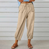 Women Drawstring Tie Pants Spring Summer Cotton And Linen-Khaki-6