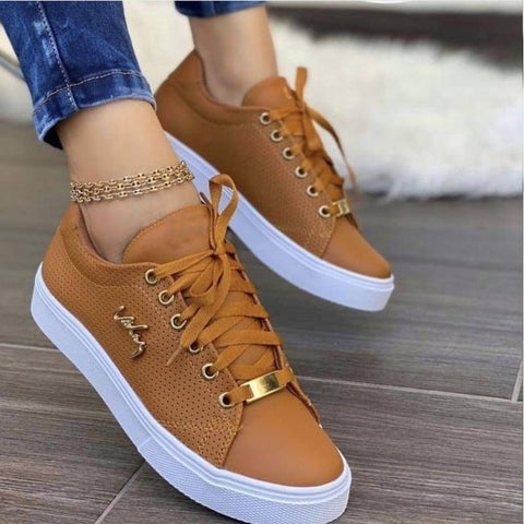Women Flat Sneakers Breathable Lace-up Shoes For Girls-Brown-1