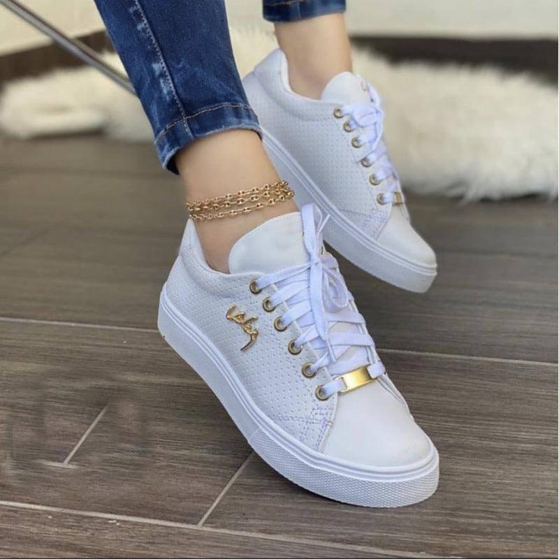 Women Flat Sneakers Breathable Lace-up Shoes For Girls-White-2
