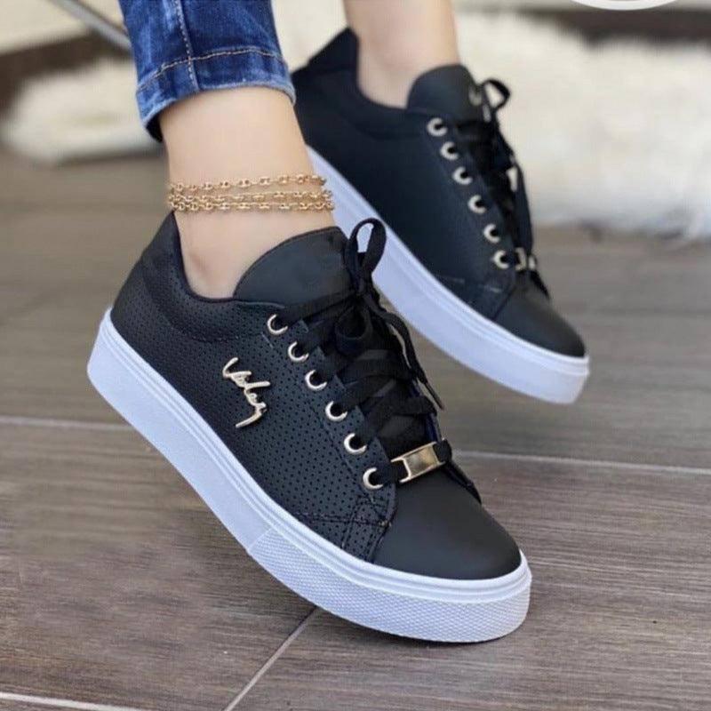 Women Flat Sneakers Breathable Lace-up Shoes For Girls-Black-3