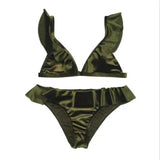 Women Ice Velvet Ruffle Bikini Sets Band-ArmyGreen-5