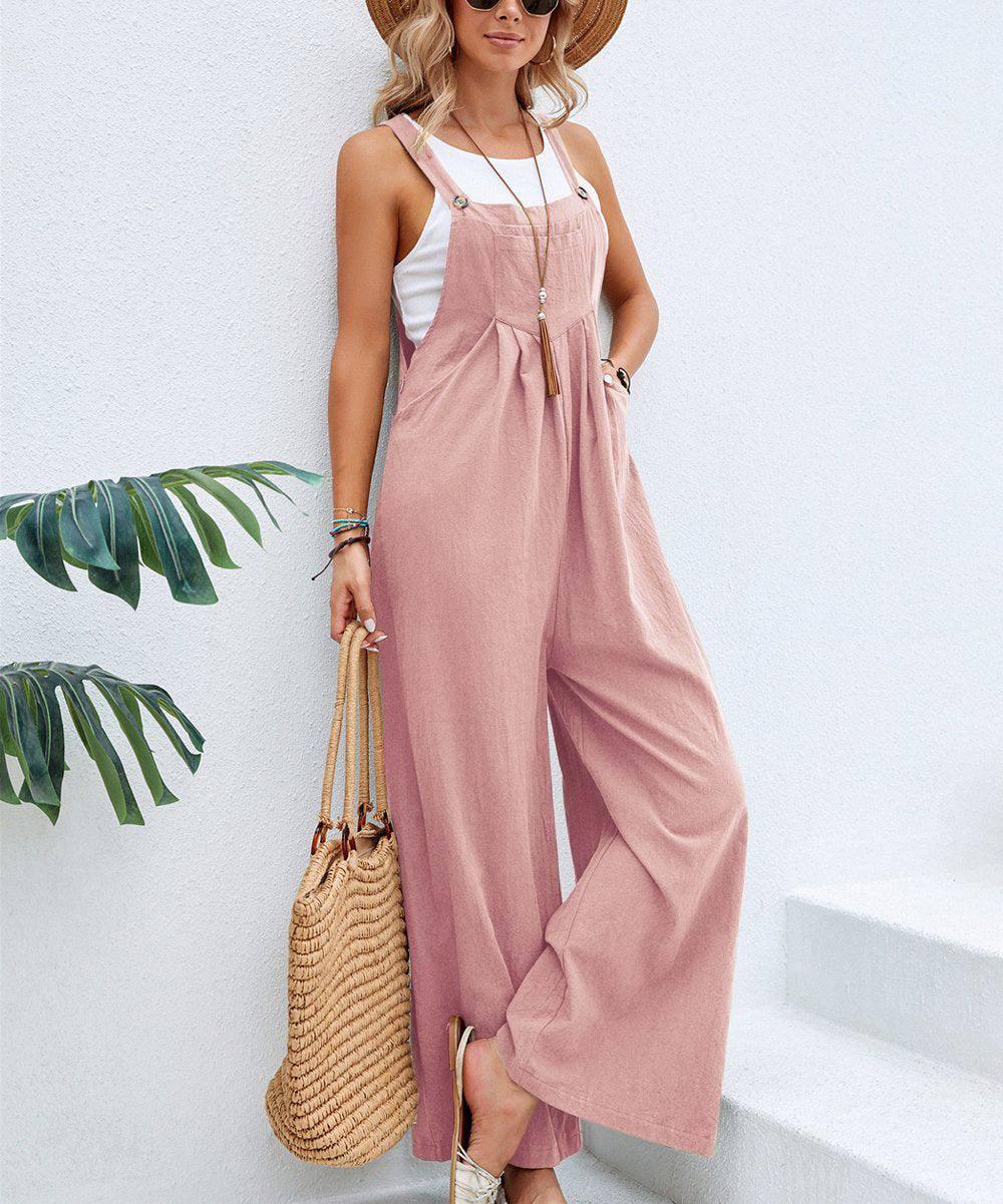 Women Long Bib Pants Overalls Casual Loose Rompers Jumpsuits-Pink-2