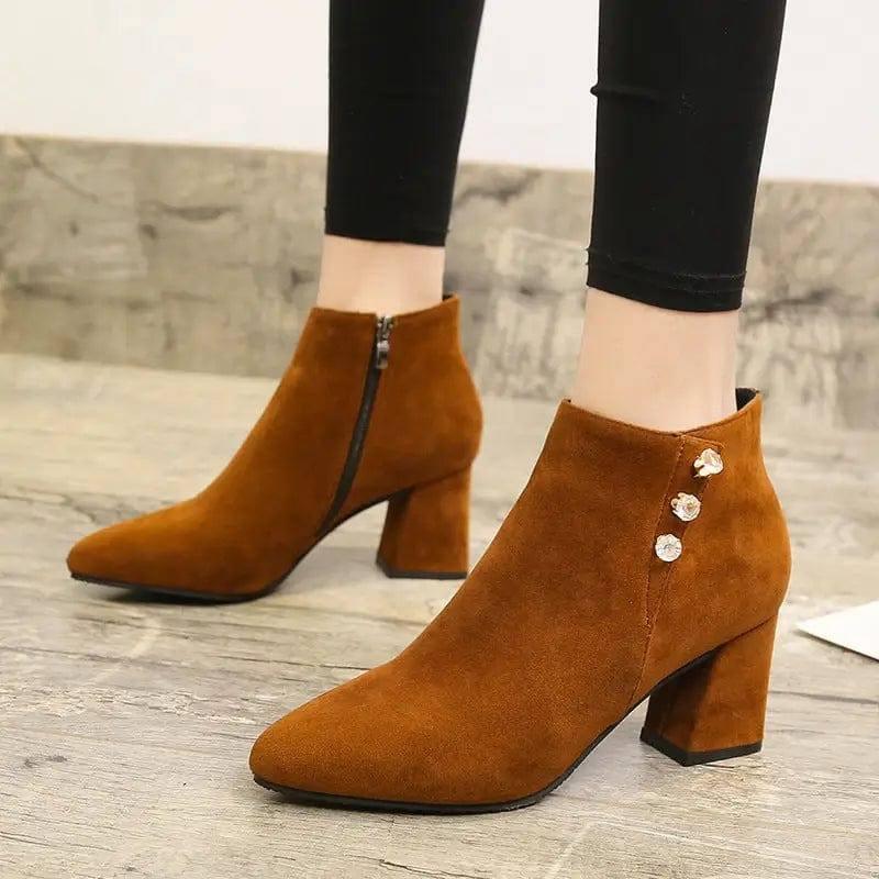 Women Pointed Thick Heel Martin Boots-Brown-2