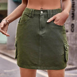 Women's Casual Elastic Waist Denim Suit Skirt-Army Green-1