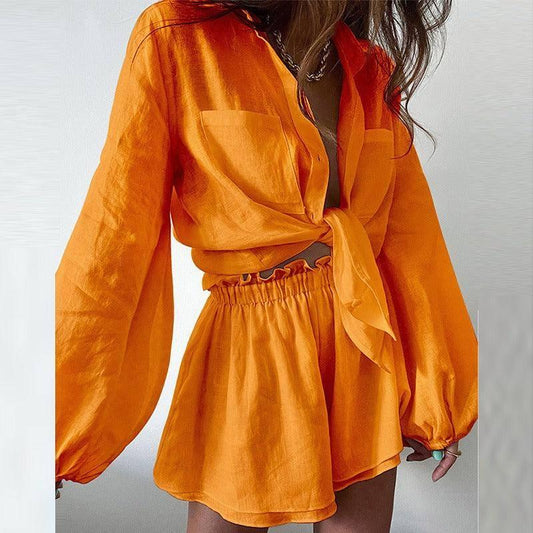 Women's casual fashion solid color ruffled edge shorts shirt-orange-2