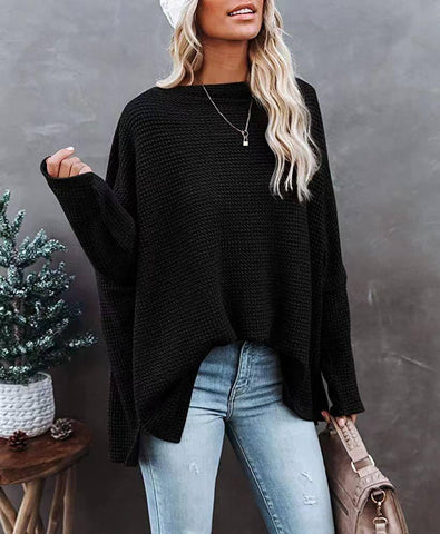 Women's Casual Off-the-shoulder Batwing Long Sleeve Pullover-Black-2