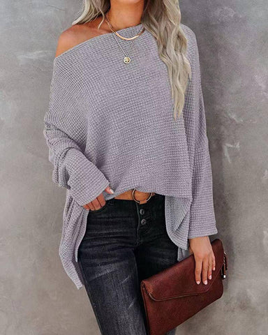 Women's Casual Off-the-shoulder Batwing Long Sleeve Pullover-Silver Gray-5