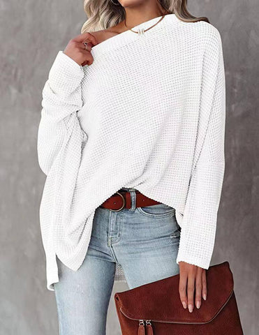 Women's Casual Off-the-shoulder Batwing Long Sleeve Pullover-White-6