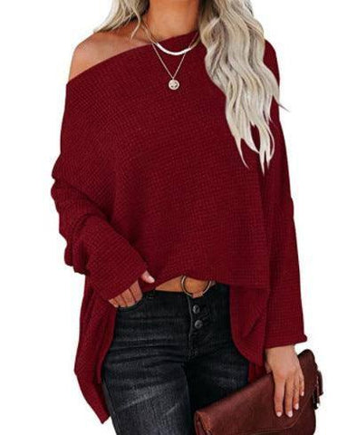 Women's Casual Off-the-shoulder Batwing Long Sleeve Pullover-Wine Red-7