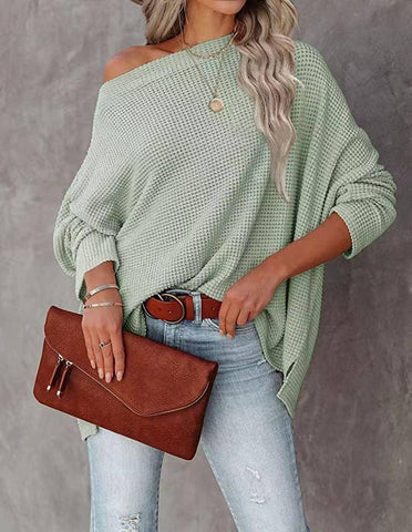 Women's Casual Off-the-shoulder Batwing Long Sleeve Pullover-Yellow Green-8