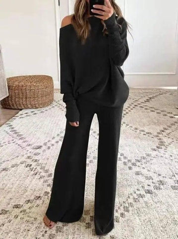 Women's Casual Solid Color One Shoulder Ladies Knit Suit-Black-1