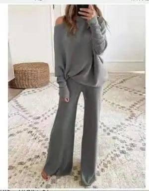 Women's Casual Solid Color One Shoulder Ladies Knit Suit-Grey-2
