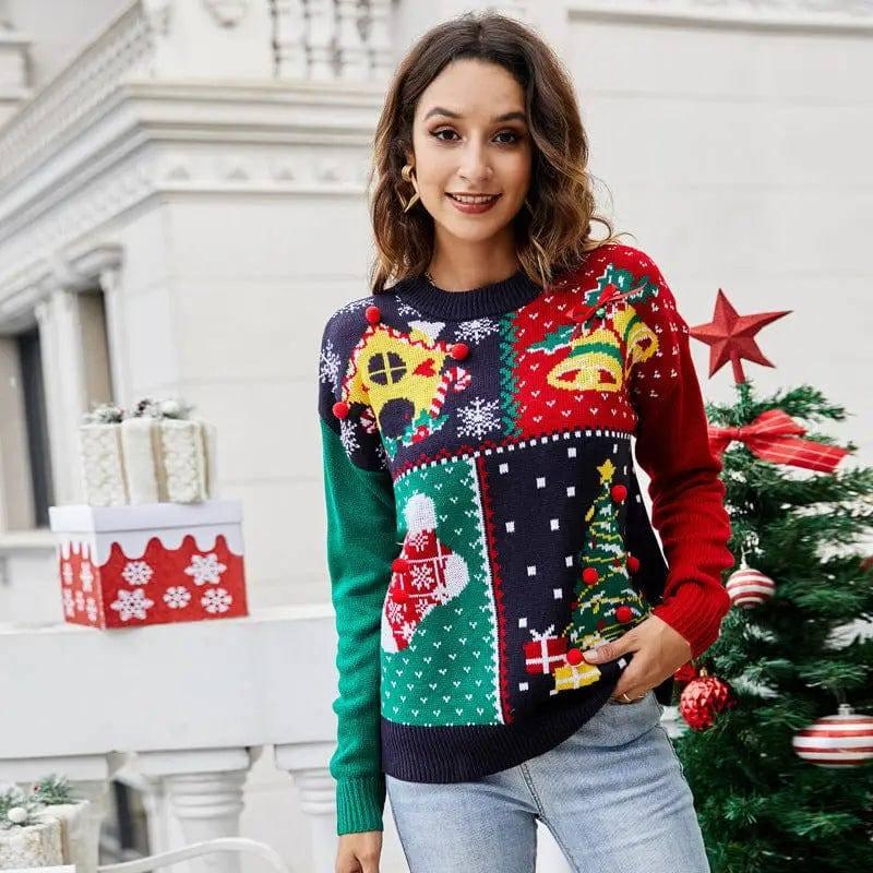 Women's Christmas Tree Snowflake Knitted Sweaters Long-Navy Blue-2