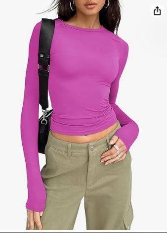 Women's Clothing Fashion Slim Long-sleeved Pullovers Tops-Purple-11