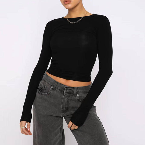 Women's Clothing Fashion Slim Long-sleeved Pullovers Tops-Black-4
