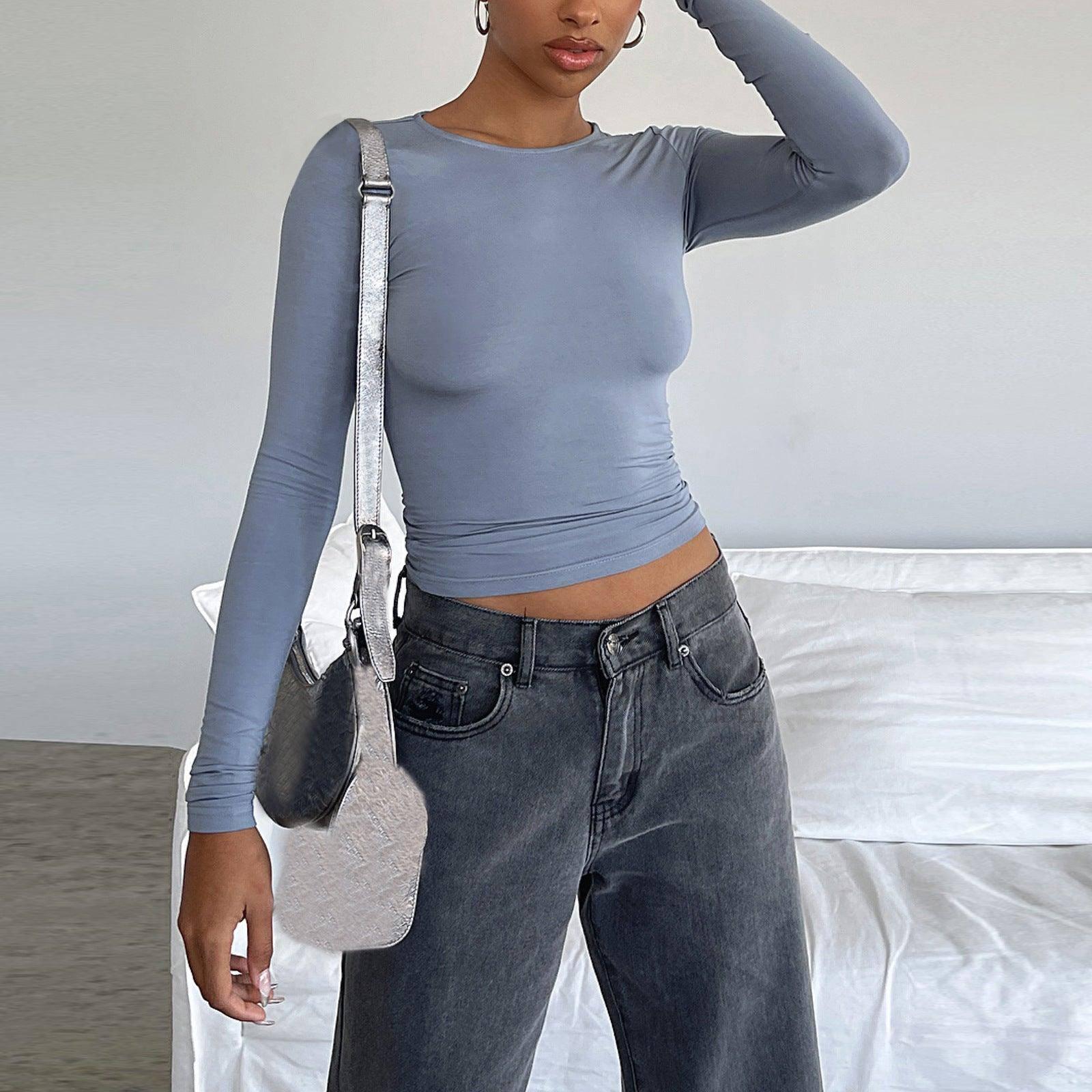 Women's Clothing Fashion Slim Long-sleeved Pullovers Tops-Bluegrey-8