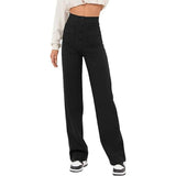 Women's Clothing High Waist Pocket Wide Leg Button Casual-Black-2