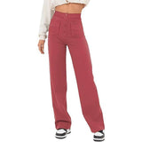 Women's Clothing High Waist Pocket Wide Leg Button Casual-Red-6