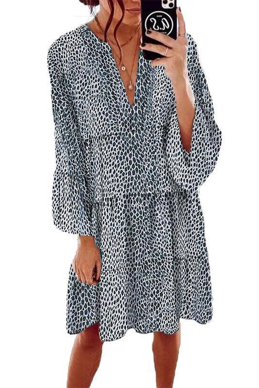 Women's Clothing Leopard Print V-neck Plus Size Loose Long-Blue-6