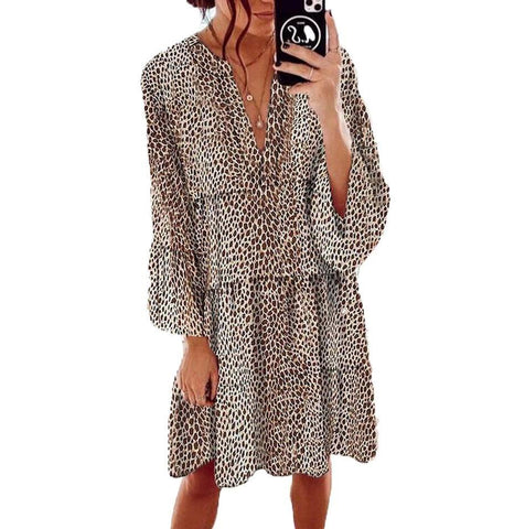 Women's Clothing Leopard Print V-neck Plus Size Loose Long-Khaki-7