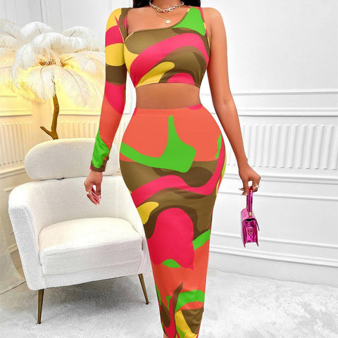 Women's Clothing Print Asymmetric One-shoulder Skirt Suit-1