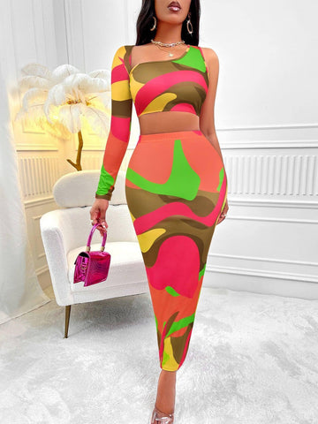 Women's Clothing Print Asymmetric One-shoulder Skirt Suit-Orange-4
