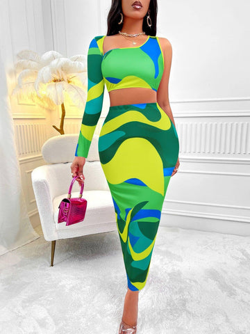 Women's Clothing Print Asymmetric One-shoulder Skirt Suit-Green-5