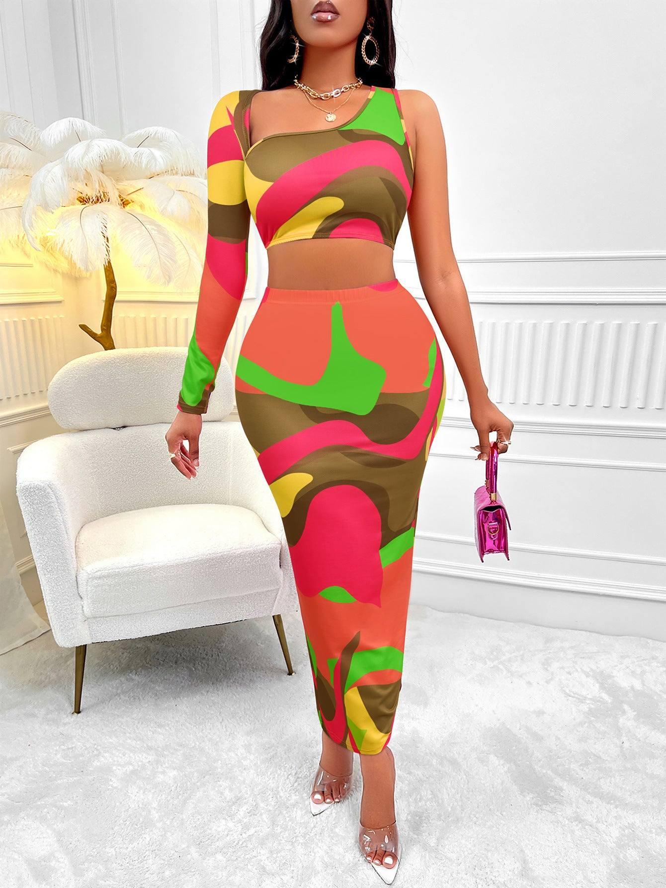 Women's Clothing Print Asymmetric One-shoulder Skirt Suit-8