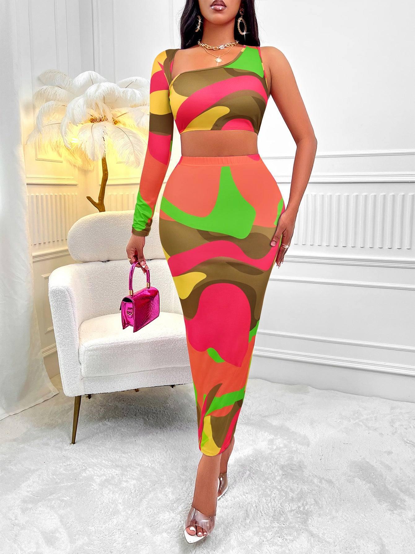 Women's Clothing Print Asymmetric One-shoulder Skirt Suit-9