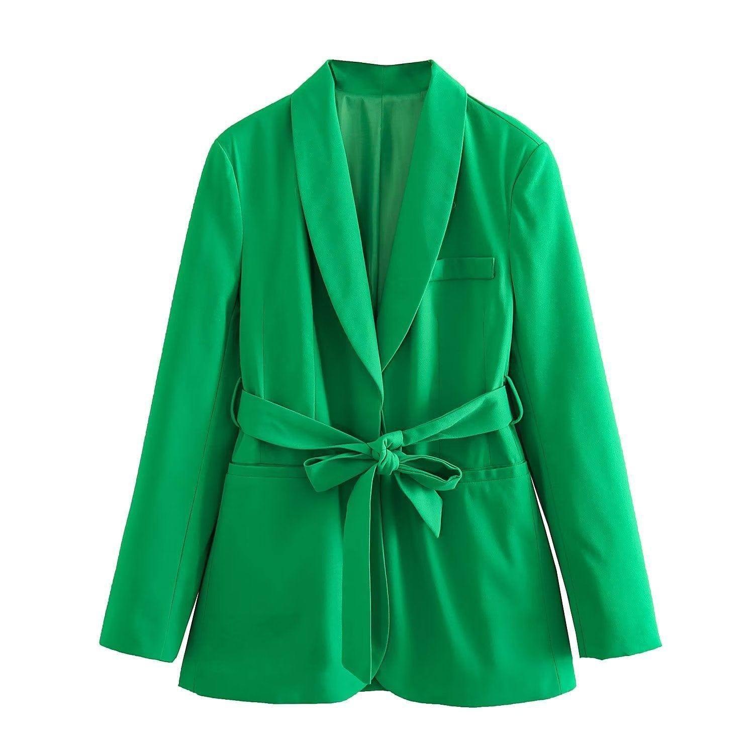 Women's Clothing With Belt Casual Suit Jacket Pants-Green Suit-13