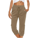 Women's Cropped Pants Cotton Linen Cargo Pocket Casual Pants ccargo LOVEMI  Khaki 3XL 
