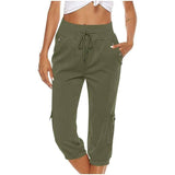 Women's Cropped Pants Cotton Linen Cargo Pocket Casual Pants-Army Green-4